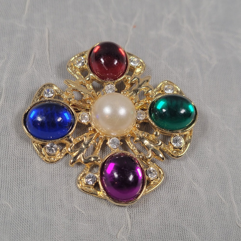Maltese Cross Brooch Pin Multi Color Cabochon Faux Pearl Gold Tone Jewelry